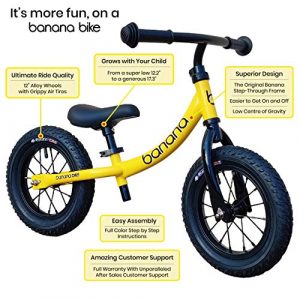 Banana GT Balance Bike-Lightweight Toddler Bike for 2, 3, 4, and 5 Year Old Boys and Girls – No Pedal Bikes for Kids with Adjustable Handlebar and seat – Aluminium, Air Tires - Training Bike (Yellow)