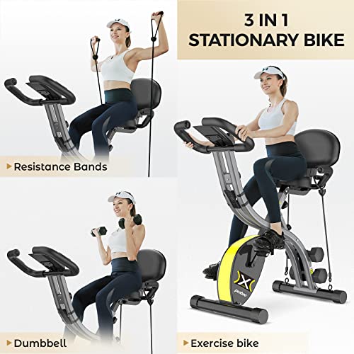 pooboo folding exercise bike Magnetic Indoor Cycling bike Upright foldable Stationary Bicycle with Arm Resistance Bands & Dumbbells,LCD Monitor&Phone Holder,Pulse