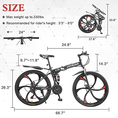 Max4out Folding Bikes Mountain Bike with High Carbon Steel Frame, Featuring 6 Spoke Wheels and 21 Speed, Double Disc Brake and Dual Suspension Anti-Slip Bicycles (LH-Black)