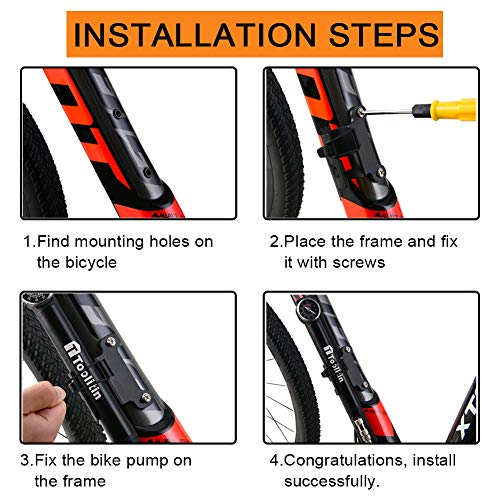 TOOLITIN Bike Pump with Gauge , Accurate Inflation Portable Frame Bicycle Pump Fits Schrader and Presta Valve Types, 100 PSI Tire Pump for Road, Mountain and BMX Bikes
