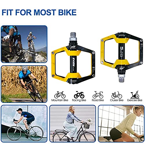 MTB Pedals Mountain Bike Pedals Aluminum Alloy Non-Slip Bike Pedals CR-MO 9/16" Spindle, Sealed Bearings Wide Pedal for MTB BMX, Black&Yellow