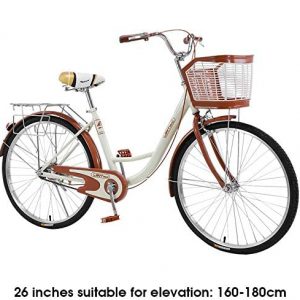 TOUNTLETS 26 Inch Womens Beach Cruiser Bike Unisex Classic Iron Bicycle with Basket, Retro Bicycle Unique Art Deco Scooter,Road Bike,Seaside Travel Bicycle,Comfortable Women Commuter Bicycle