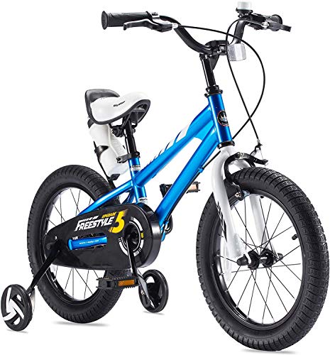 RoyalBaby Boys Girls Kids Bike 16 Inch BMX Freestyle 2 Hand Brakes Bicycles with Training Wheels Kickstand Child Bicycle Blue
