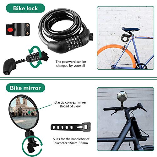 8 Pack Bicycle Accessories, Bike Light Set USB Rechargeable, 1 Bike Water Bottle Holder, Bike Bag and 1 Bike Aluminum Bicycle Bell,Pump