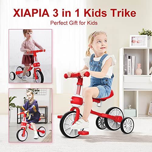 XIAPIA 3 in 1 Kids Tricycles Gift for 2-4 Years Old Boys Girls with Detachable Pedal and Training Wheels，Baby Balance Bike Trikes Riding Toys for Toddler（Adjustable Seat） (Red)