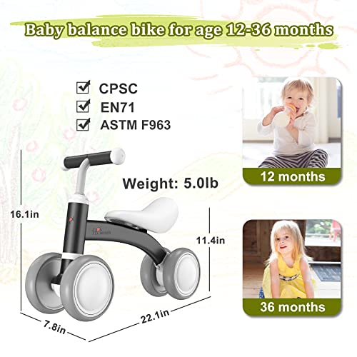 Baby Balance Bike Cute Toys for 1 Year Old Boy and Girl 12-36 Months Toddler Bike Baby Walker Riding Gifts for Boys Girls No Pedal Infant 4 Wheels Baby's First Birthday Gift (Black)