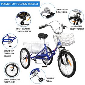 PEXMOR Folding Adult Tricycle, Single Speed Trike 3 Wheel Bike, Foldable 20 inch Three-Wheeled Bicycle Adjustable Height with Large Foldable Basket for Adult Recreation, Shopping, Picnic, Exercise