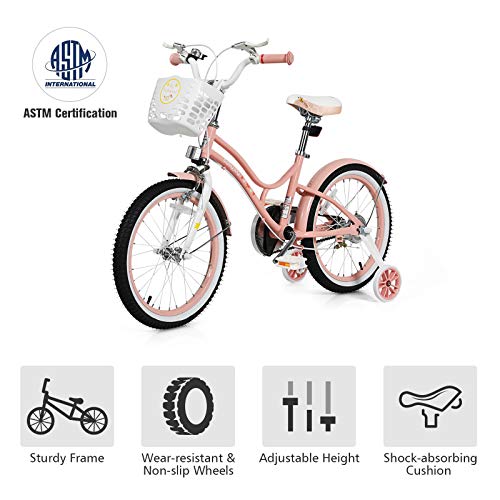 BABY JOY Kids Bike, 16, 18 Inch w/Removable Training Wheels, Adjustable Seat, Steel Frame, Kids Bicycle w/Hand Brake for Emergency Braking, for 4-9 Years Old Toddler Girls Boys (Pink, 18")