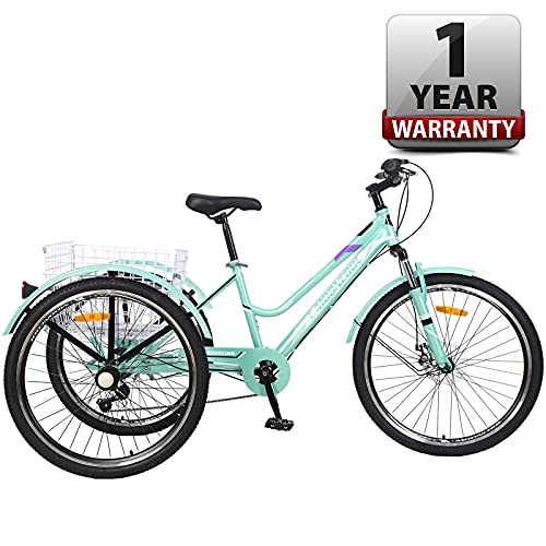 Slsy Adult Mountain Tricycle, 7 Speed Three Wheel Bike, 24/26 Inch Adults Trikes for Seniors with Shopping Basket, Exercise Men's Women's Tricycles (Medium Spring Green, 24'' Tire 7-Speed)
