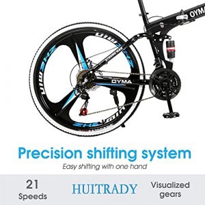 Huitrady 26'' Adults Folding Mountain Bike, 21 Speed Full Suspension High-Carbon Steel Mountain Bike,Men and Women’s Outdoor Exercise Road Dual Disc Brakes Non-Slip Bikes (Black)