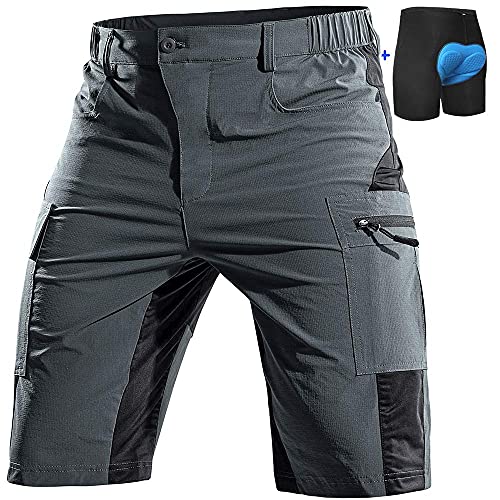 Cycorld Mountain-Bike-Shorts-Mens-Padded MTB Biking Baggy Cycling Short Padding Liner with Zip Pockets(Grey,Medium)