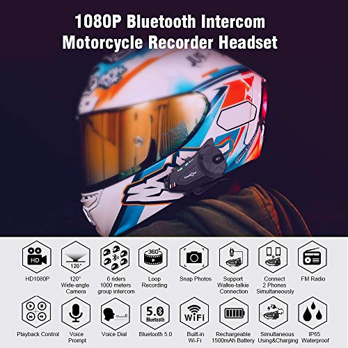 Motorcycle Helmet Headset with Camera, FreedConn R1plus 1080P Motorcycle Camera 6-Way Bluetooth Motorcycle Helmet Wireless 1000M Waterproof Intercom with FM/Bluetooth 5.0/32G SD Card/2 in 1 Mic…