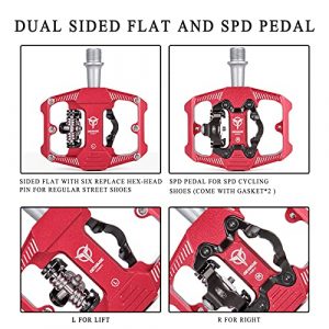 Mountain Bike Pedals - Dual Function Flat and SPD Pedal - 3 Sealed Bearing Platform Pedals SPD Compatible, Bicycle Pedals for BMX Spin Exercise Peloton Trekking Bike (Red)