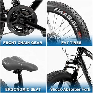 PanAme 21 Speed Fat Tire Adult Mountain Bike, 26-inch Wheel Bicycle, 4-inch Wide Tire, Steel Frame, Front and Rear Brakes, Black