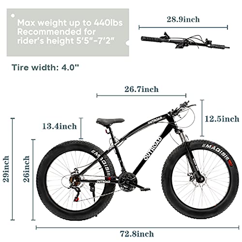 Outroad Fat Tire Bike for Men/Women, 26 Inch Wheels Mountain Bike, 21 Speeds All-Terrain Bike, Double Disc Brake Suspension Fork 4 inch Width Tire Anti-Slip Snow Bicycle, Black