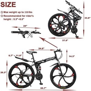 Max4out 26 Inch Folding Bikes Mountain Bike with Full Suspension High Carbon Steel Frame, Featuring 6 Spoke Wheels and 21 Speed, Double Disc Brake Dual Anti-Slip Bicycles for Adults, Black