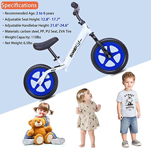 SIMEIQI 12’’ Balance Bike Lightweight Toddler Kids Training Bike 24 Months 2 3 4 5 6 Year Old No Pedal Push Bicycle Girls Boys Air-Free Tires (Blue)