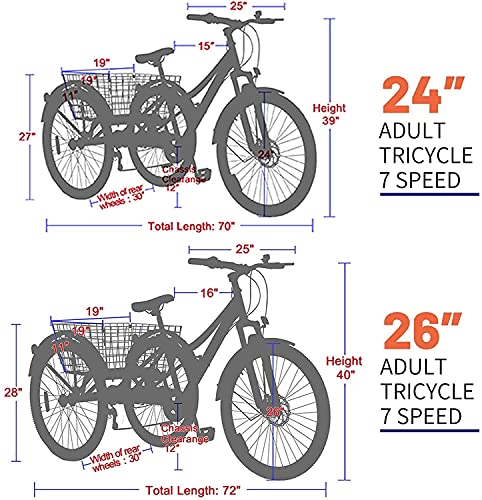 Barbella Adult Mountain Bike, 7 Speed Three Wheel Bike Mountain Tricycle Adult Tricycle Cruiser Trike, 24/26/27.5 Inch Adults Trikes with Shopping Basket, Exercise Men's Women's Tricycles