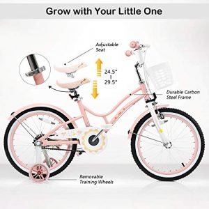 BABY JOY Kids Bike, 16, 18 Inch w/Removable Training Wheels, Adjustable Seat, Steel Frame, Kids Bicycle w/Hand Brake for Emergency Braking, for 4-9 Years Old Toddler Girls Boys (Pink, 18
