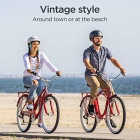 Schwinn Sanctuary 7 Comfort Cruiser Bike, Featuring Retro-Styled 18-Inch/Medium Steel Step-Over Frame and 7-Speed Drivetrain with Front and Rear Fenders, Rear Rack, and 26-Inch Wheels, Red