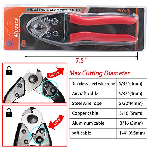 Muzata Cable Cutter Wire Rope Heavy Duty Stainless Steel Aircraft Up to 5/32" for Deck Stair Railing Strong Thick Seal Metal Fence Bike Bicycle Brake Cutter CR12, CT1