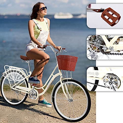 26 in Women Bikes Beach Cruiser Bike - Womens Beach Cruiser Bike with Baskets & Rear Racks,Road Bike Seaside Travel Bicycle,Comfortable Commuter Bicycle for Leisure Picnics & Shopping (White A)