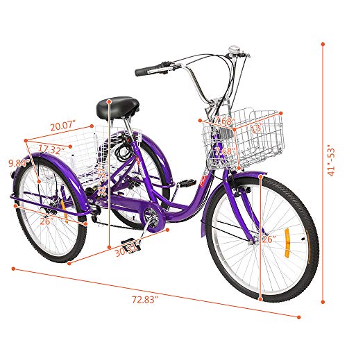 PEXMOR Adult Tricycle, 7 Speed Trike Cruiser Bike, 24/26 Inch Three-Wheeled Bicycle with Foldable Front & Rear Basket Adjustable Height Seat for Recreation, Shopping Men's Women's Bike (Purple, 26")