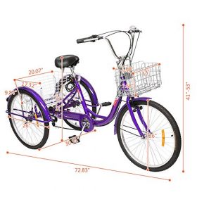 PEXMOR Adult Tricycle, 7 Speed Trike Cruiser Bike, 24/26 Inch Three-Wheeled Bicycle with Foldable Front & Rear Basket Adjustable Height Seat for Recreation, Shopping Men's Women's Bike (Purple, 24