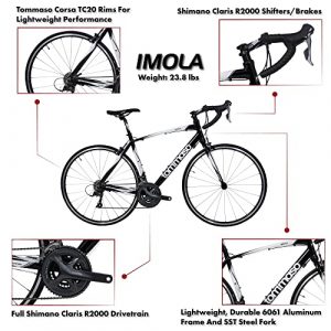 Tommaso Imola Endurance Aluminum Road Bike, Shimano Claris R2000, 24 Speeds - Black - Medium