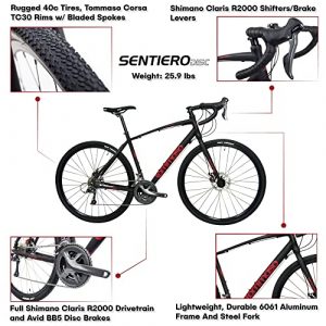 Tommaso Sentiero Gravel Bike, Shimano Claris Adventure Bike with Disc Brakes, Extra Wide Tires, Perfect for Road Or Dirt Trail Touring, Matte Black, Red - Large