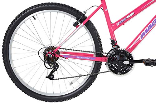 Dynacraft Magna Front Shock Mountain Bike Womens 26 Inch Wheels with 18 Speed Grip Shiteres and Dual Hand Brakes In Pink