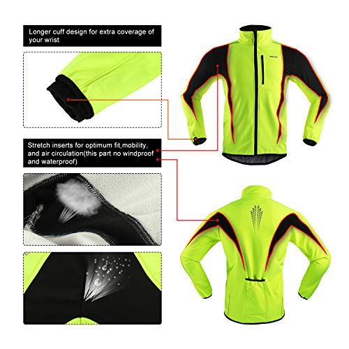ARSUXEO Winter Warm UP Thermal Softshell Cycling Jacket Windproof Waterproof Bicycle MTB Mountain Bike Clothes 15-K Green Size Large