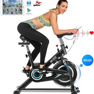 ANCHEER Exercise Bikes - Indoor Cycling Bike, Stationary Bike with APP Connection and Comfortable Seat Cushion for Home Gym, Standing Riding, Silent Belt Drive, iPad Holde，Load 380 LBS (Black)