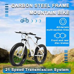 PanAme 21 Speed Fat Tire Adult Mountain Bike, 26-inch Wheel Bicycle, 4-inch Wide Tire, Steel Frame, Front and Rear Brakes,White
