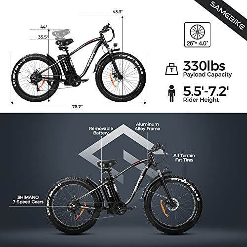 SAMEBIKE 750W Fat Tire Electric Bike 26'' Electric Mountain Bike 48V/15AH Battery with Fast Charger, 25MPH Snow Beach Adult Electric Bicycles Lockable Suspension Fork, Shimano 7-Speed UL Certified