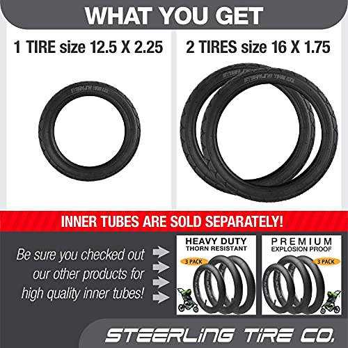 Steerling Tire Co Two 16" x 1.75 R and One 12.5" x 2.25 F Wheel Replacement Tires for BOB Revolution SE/Pro/Flex Strollers & Stroller Strides - The Perfect BOB Stroller Tire Replacement Set - 3 Pack
