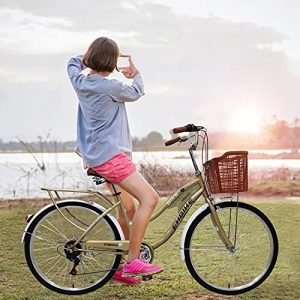 QAZQ Women Beach Cruiser Bike: 26 Inch 7 Speeds Unisex Classic Bicycle with Basket - Retro Road Bike Seaside Travel Cycle Comfortable Commuter Bikes for Leisure Picnics Shopping (Khaki)