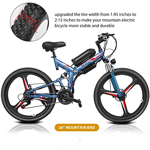 26 Inch Electric Folding Mountain Bike,350W Professional 21 Speed Gears 3 Cycling Mode Folding Electric Ebike with Removable 36V 10AH Lithium Battery Commuter Bikes (Sky Blue)