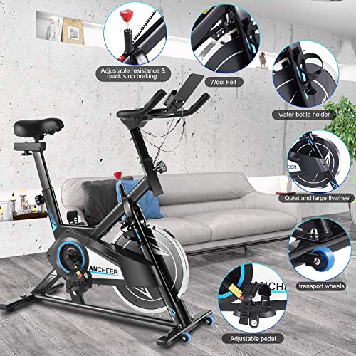 ANCHEER Exercise Bike Stationary 300 Lbs Weight Capacity， Indoor Cycling Bike with APP Connection，Comfortable Seat Cushion, Tablet Holder and LCD Monitor