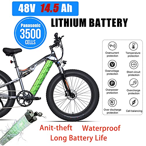 PASELEC Electric Bikes for Adult, Electric Mountain Bike, 4.0 Fat Tire E-Bike with 48V 14.5ah Lithium Battery, 750W Motor,9 Gear Full-Suspension E-MTB (Gray, 14.5AH Battery)