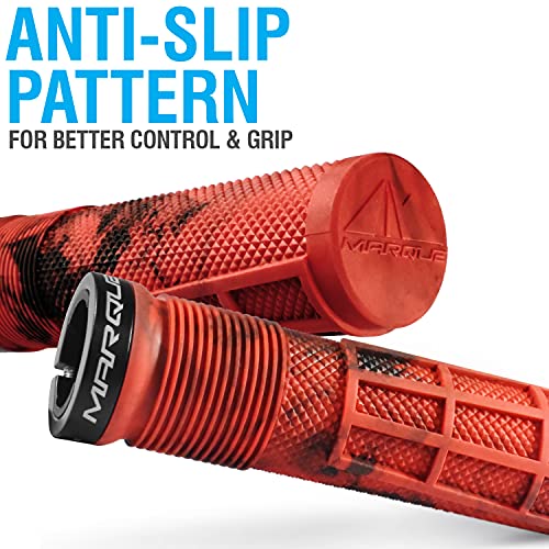 MARQUE Race Mountain Bike Handlebar Grips – Single Lock-On Ring Collar MTB and BMX Bicycle Handle Bar with Non-Slip Grip, Knurly Gritty Pattern and Half Waffle Pattern (Flame Red)