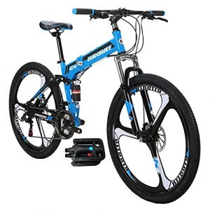 Eurobike G4 Mountain Bike 26 Inches 3 Spoke Dual Suspension Folding Bike 21 Speed MTB Blue