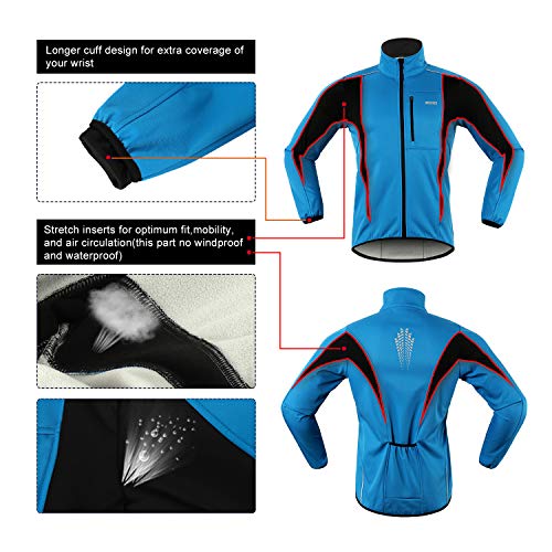 ARSUXEO Winter Warm UP Thermal Softshell Cycling Jacket Windproof Waterproof Bicycle MTB Mountain Bike Clothes 15-K Light Blue Size XX-Large