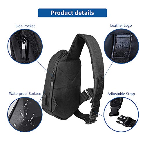 TAJEZZO Anti-theft Polyhedral sling chest bag Waterproof Cross Body Backpack Lightweight Casual Daypack Cycling Shoulder Bag with USB Port for Men and Women-Black