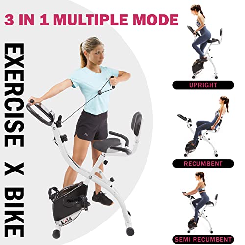 EXIA Folding Magnetic Exercise Bike with Pulse Sensor, Upright and Recumbent Stationary Bike with Arm Resistance Bands Ropes, 3 in 1 Cycling Indoor Trainer, Perfect for Indoor, Men, Women, and Senior