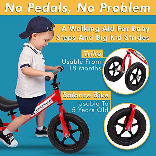Kaufman Reverse Trikes with No Pedals for Kids 1-3 Years Old - 2 in 1 Toddler Tricycle and Balance Bike - First Trike with Handlebar Lock - Indoor and Outdoor Learning Trike - Red
