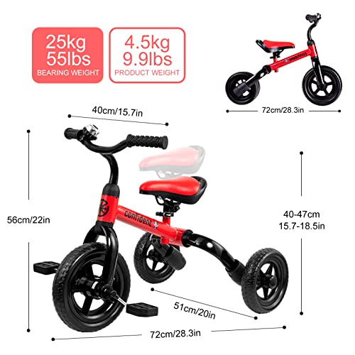 YGJT 3 in 1 Tricycle for Toddlers Age 2-4 Year Old, Folding Kids Bikes with Adjustable Seat and Removable Pedal, Ride-on Toys for Infant, Gift for Baby Boys Girls Birthday(Red)