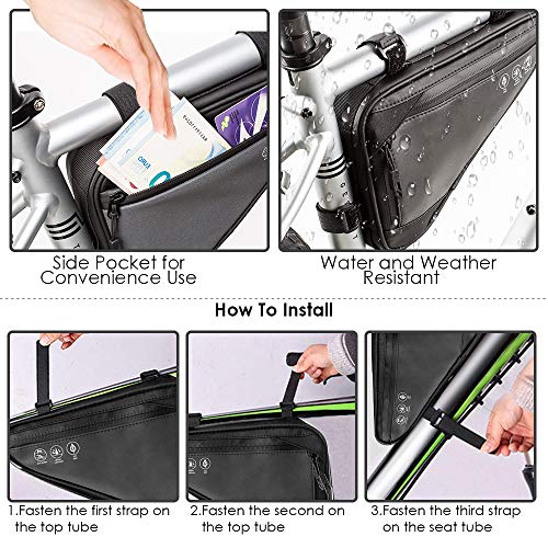WOTOW Bike Frame Storage Bag, Water Resistant Reflective Bicycle Triangle Bag with Two Side Pockets, Strap-On Under Seat Tool Accessories Pouch for Mountain Road Bike Trip (1.5L)