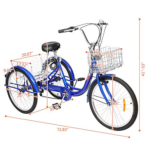 PEXMOR Adult Tricycle, 7 Speed Trike Cruiser Bike, 24/26 Inch Three-Wheeled Bicycle with Foldable Front & Rear Basket Adjustable Height Seat for Recreation, Shopping Men's Women's Bike (Blue, 24")