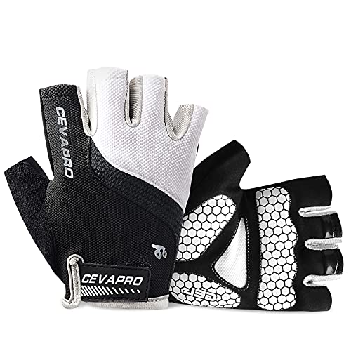 Cevapro Cycle Gloves Mountain Road Bike Gloves Half Finger Bicycle Gloves with Anti Slip Shock-Absorbing Gel Pad Cycling Riding Biking Gloves MTB DH Road Bicycling Gloves for Men Women (White, M)